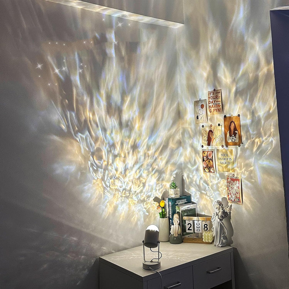 VibeCore Ocean Wave Ripple Light projecting on a wall, creating a serene, coastal-inspired ambiance. With 16 vibrant colors, multiple modes, and a 180° rotatable lamp head, this light adds customizable mood lighting to bedrooms, dorm rooms, and cozy spaces.