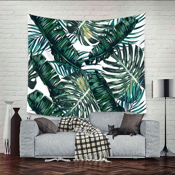 VibeCore Palm Leaf Tapestry On Wall Behind Couch