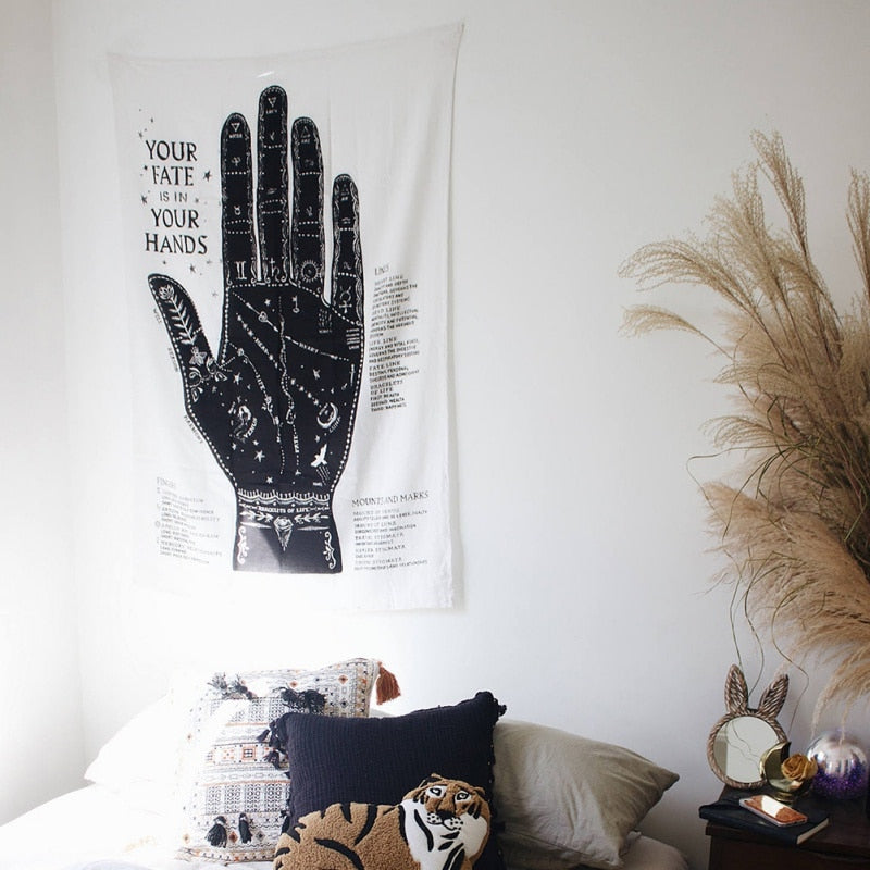 VibeCore Palm Reading Tapestry Hanging Above Bed