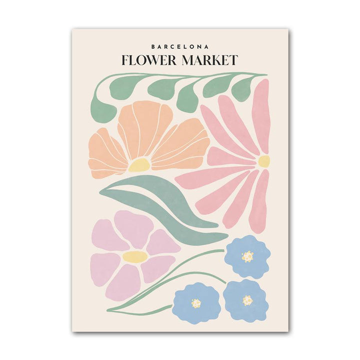 ‘Pastel Flower Market’ canvas poster featuring a vibrant pastel floral print inspired by the Barcelona flower market, adding a fresh and aesthetic touch to your space.