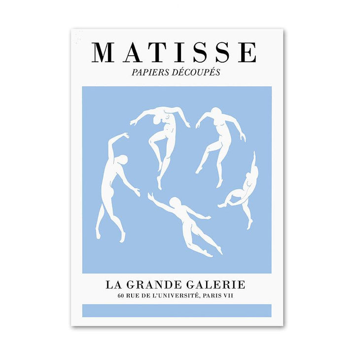 Pastel blue canvas poster featuring Matisse-inspired dancing papiers découpés, offering a modern and artistic touch to your room decor.