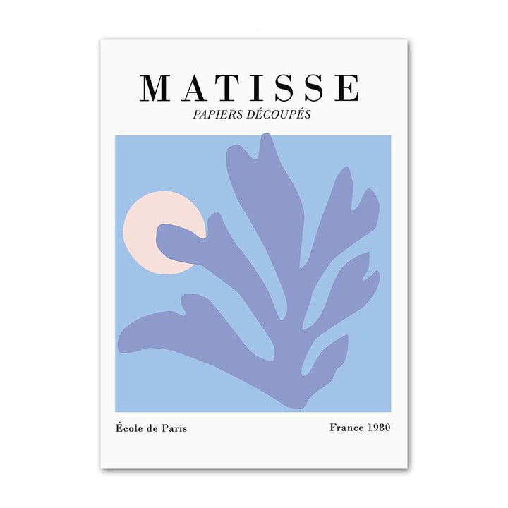 Pastel blue canvas poster showcasing Matisse-inspired papiers découpés with abstract shapes, creating a calm and artistic atmosphere in your space.