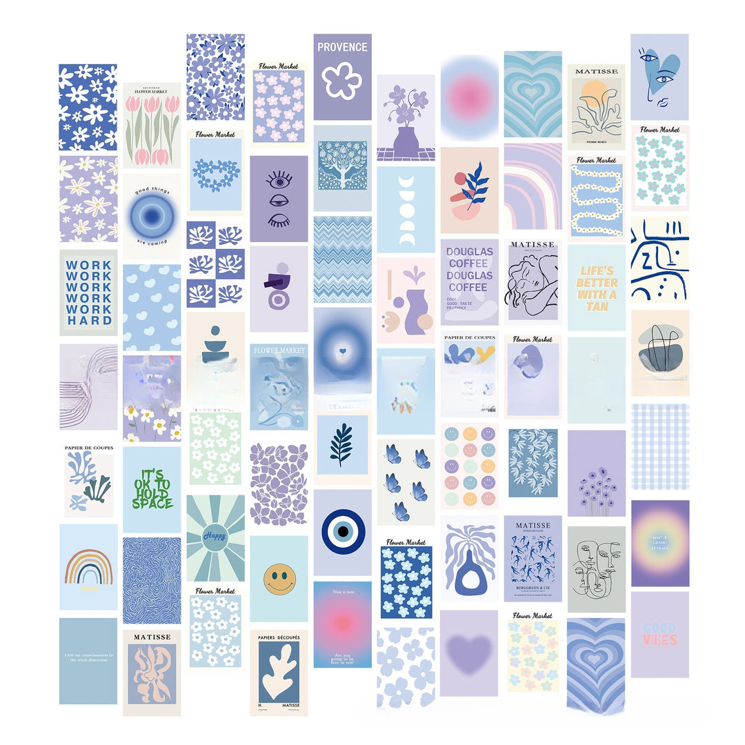 VibeCore Pastel Purple Aesthetic Wall Collage Kit featuring 70 pastel purple, blue, and Matisse-inspired prints for a calming, stylish, and chic room decor, ideal for dorm room or bedroom wall art display.