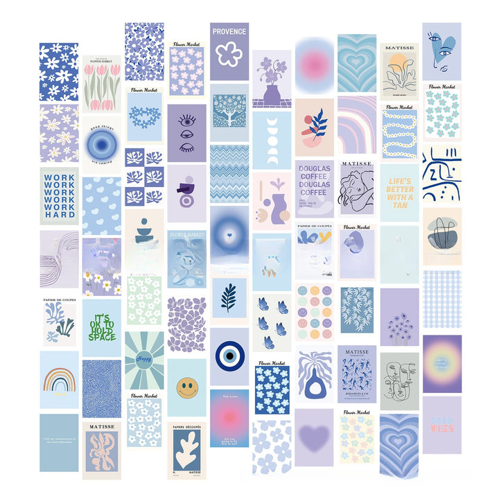 VibeCore Pastel Purple Aesthetic Wall Collage Kit featuring 70 pastel purple, blue, and Matisse-inspired prints for a calming, stylish, and chic room decor, ideal for dorm room or bedroom wall art display.