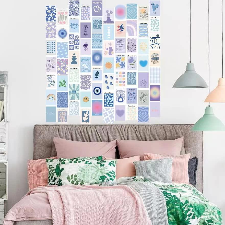 Pastel Purple Aesthetic Wall Collage Kit above bed featuring 70 chic pastel purple and blue prints, Matisse-inspired designs, and high-quality matte paper for a calming, stylish vibe. Perfect for dorm rooms or bedrooms to create a dreamy, customizable photo collage poster or wall art display.