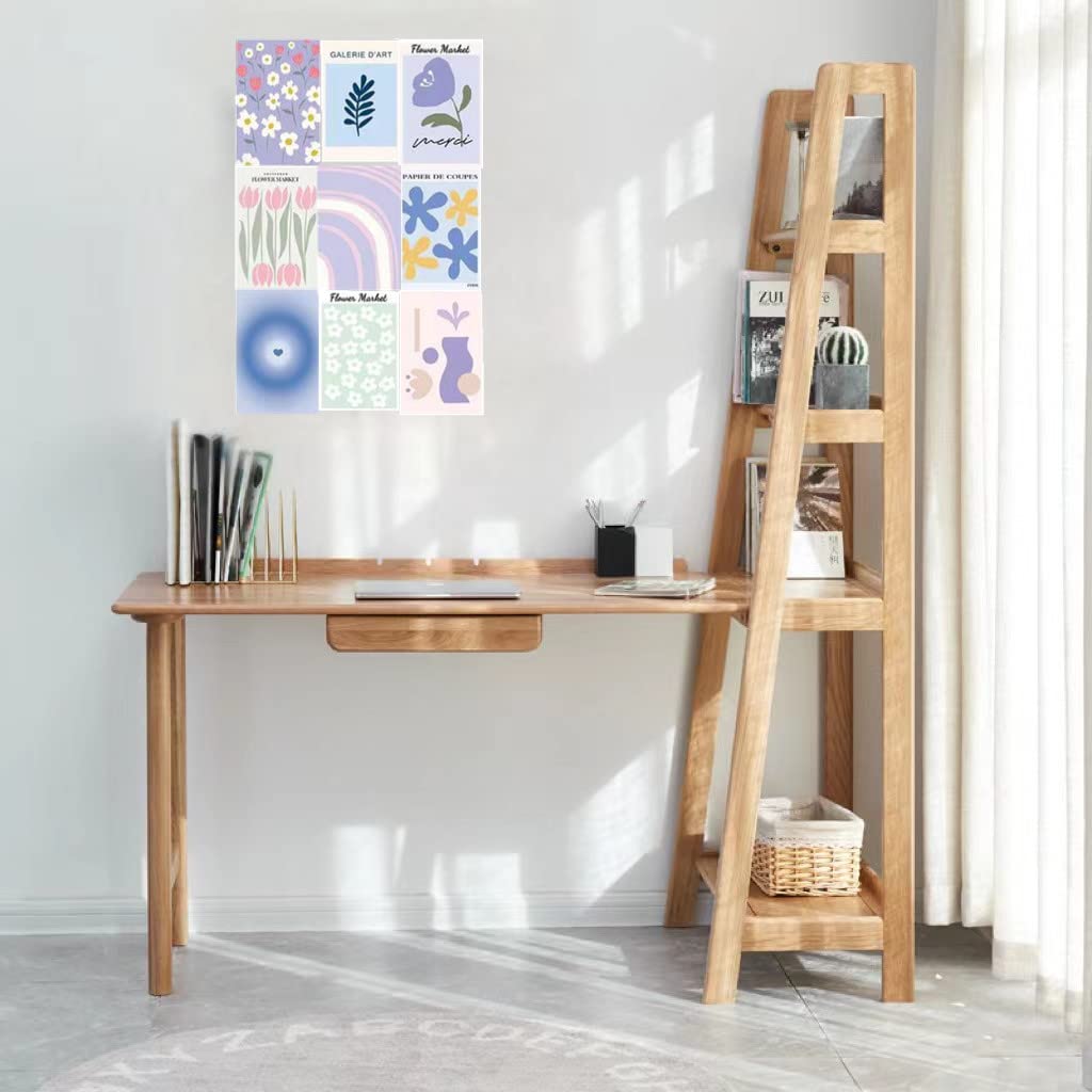 VibeCore Pastel Purple Aesthetic Wall Collage Kit displayed above a desk, featuring 70 chic pastel purple and blue prints with Matisse-inspired designs. Printed on high-quality matte paper, this customizable collage kit adds a calming, stylish vibe to your workspace or bedroom decor.