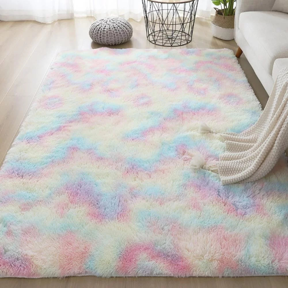 VibeCore Pastel Rainbow Tie-Dye Area Rug close-up aerial view showcasing vibrant pastel hues, soft texture, and anti-slip backing, perfect for cozy, colorful room decor