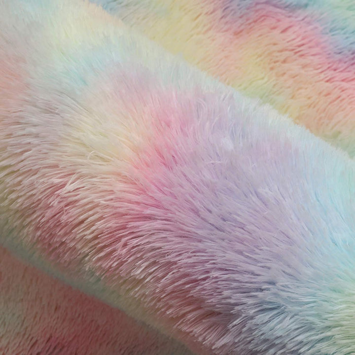 VibeCore Pastel Rainbow Tie-Dye Area Rug fluffy material close-up, showcasing the soft, plush texture and vibrant pastel hues that bring comfort and style to any space.