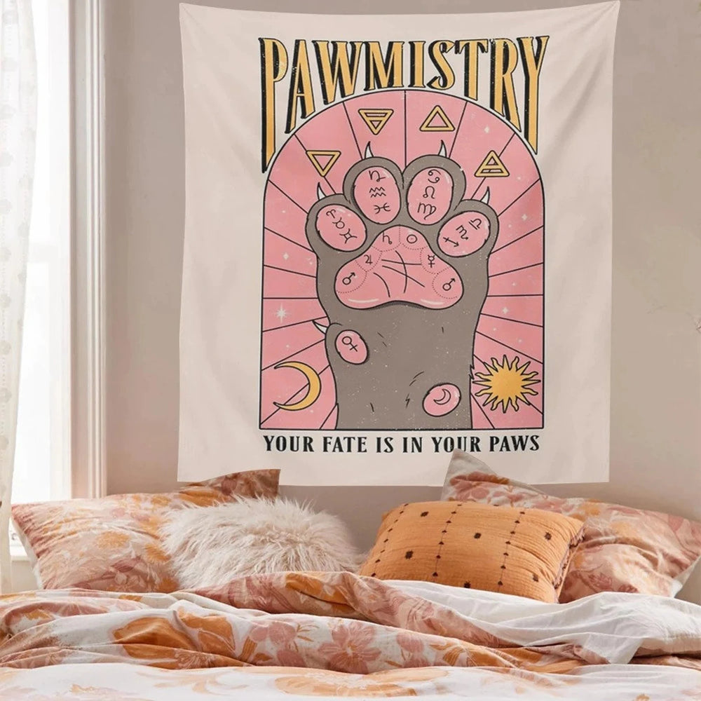 VibeCore Pawmistry Tapestry On Wall Behind Bed