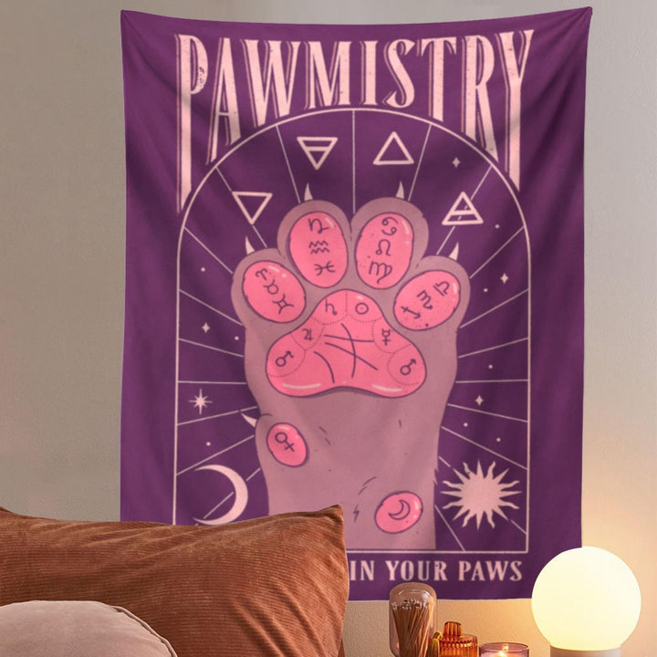 VibeCore Pawmistry Tapestry Purple On Wall Behind Bed