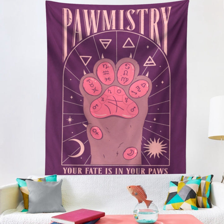 VibeCore Pawmistry Tapestry Purple On Wall Behind Couch