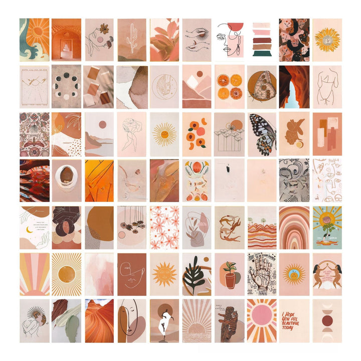 VibeCore Peace Goddess Wall Collage Kit showcasing 70 calming prints in warm peach and orange tones, featuring goddess-inspired and nature-themed designs. Perfect for creating a serene, feminine, and artistic atmosphere in your room or dorm.