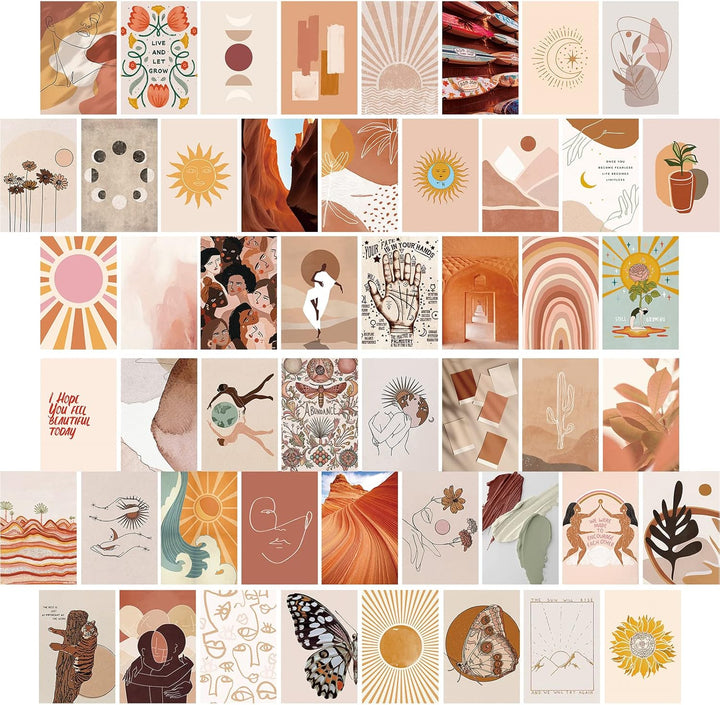 VibeCore Peace Goddess Wall Collage Kit featuring half of the 70 calming prints in warm peach and orange tones, with goddess-inspired and nature-themed designs. Perfect for creating a serene, feminine, and artistic atmosphere in your space.