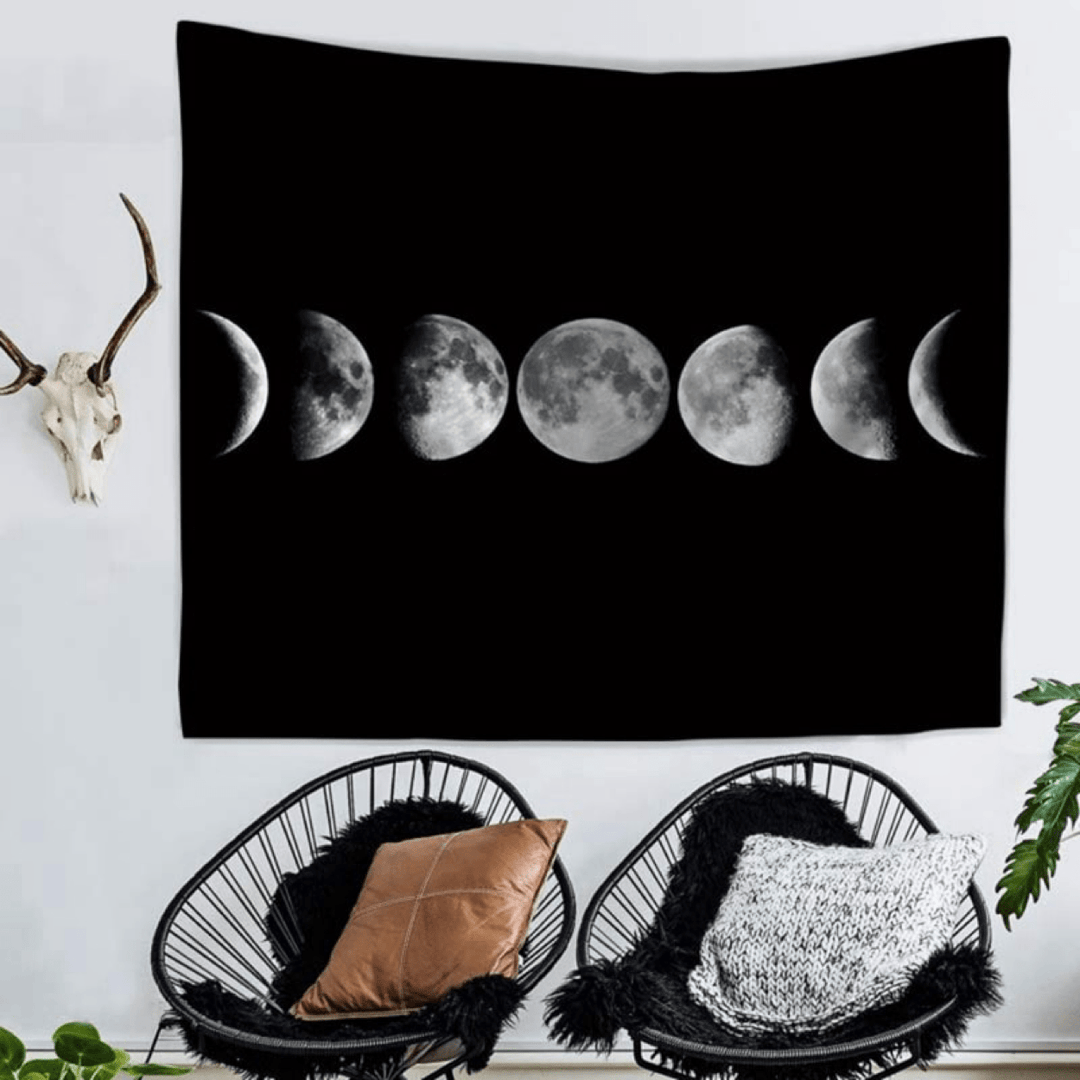 VibeCore Phases Of The Moon Tapestry On Wall Above 2 Chairs
