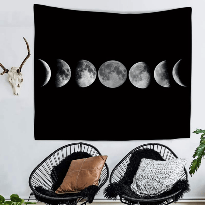 VibeCore Phases Of The Moon Tapestry On Wall Above 2 Chairs