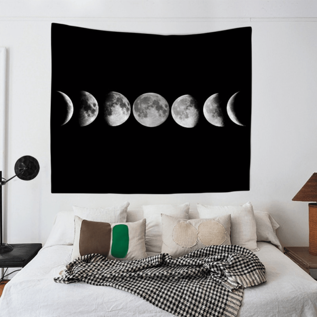 VibeCore Phases Of The Moon Tapestry On Wall Above Bed