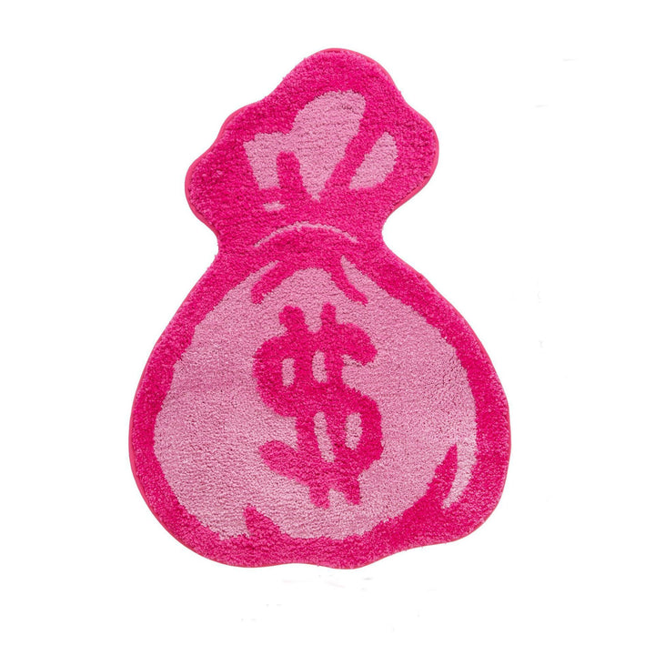 Full product view of the VibeCore Pink Cartoon Money Bag Accent Rug, showcasing its playful money bag design and vibrant pink color. This cute rug brings a fun and energetic vibe to any room, whether it's your bedroom, dorm, or living room. Soft and plush for comfort, with a non-slip backing for safety, it adds a quirky, modern touch to your space.