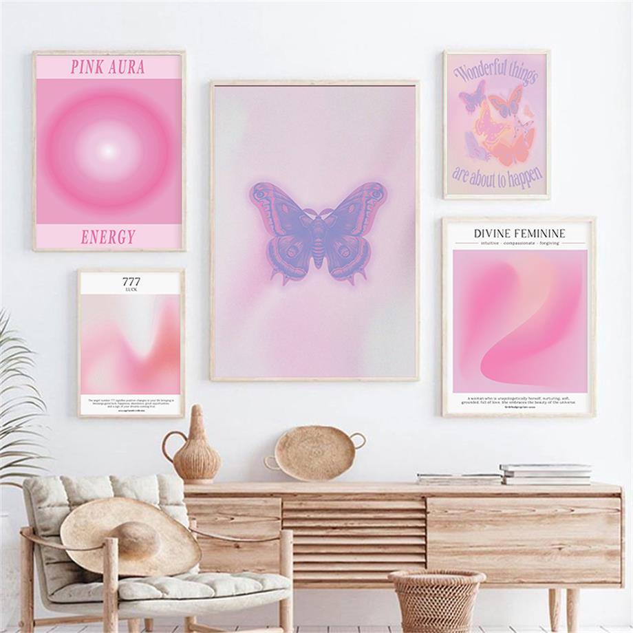 "VibeCore Pink Divine Feminine Canvas Posters" showcasing a vibrant collage of butterfly and aura gradient designs in pink and purple tones. The spiritual and aesthetic prints feature soft Y2K-inspired vibes, evoking positivity, empowerment, and tranquility. These posters bring a calming yet energetic touch to any room, perfect for those embracing the divine feminine.