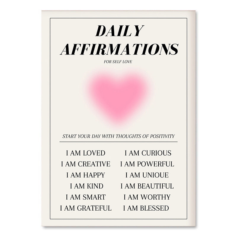 "VibeCore Pink Divine Feminine Canvas Posters" showcasing a soft pink gradient background with inspiring daily affirmations in elegant script. This design encourages empowerment, self-love, and inner peace, perfectly suited for creating a calming and positive atmosphere in your bedroom, dorm, or apartment. The spiritual and aesthetic print combines uplifting messages with divine feminine energy, adding a touch of positivity and serenity to your space.