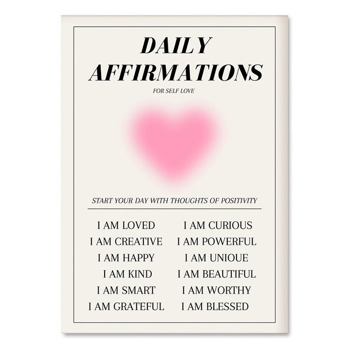 "VibeCore Pink Divine Feminine Canvas Posters" showcasing a soft pink gradient background with inspiring daily affirmations in elegant script. This design encourages empowerment, self-love, and inner peace, perfectly suited for creating a calming and positive atmosphere in your bedroom, dorm, or apartment. The spiritual and aesthetic print combines uplifting messages with divine feminine energy, adding a touch of positivity and serenity to your space.