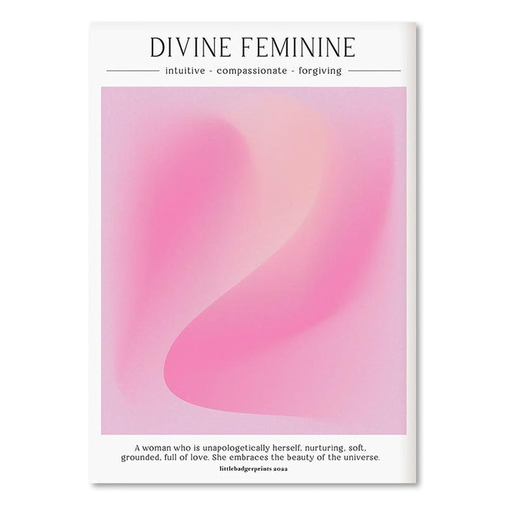 "VibeCore Pink Divine Feminine Canvas Posters" featuring an ethereal design with soft pink tones, highlighting the essence of the divine feminine energy. This spiritual and aesthetic poster brings empowerment, peace, and positivity into your space, ideal for bedrooms, dorms, or apartments. With its calming and vibrant hues, it creates a serene atmosphere, embodying the strength and grace of the divine feminine.