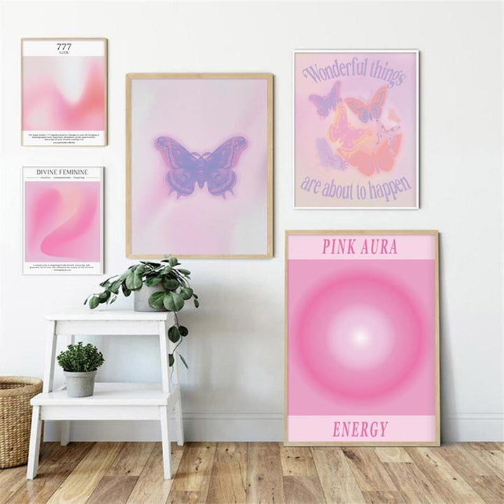 VibeCore Pink Divine Feminine Canvas Posters framed in a wall collage. Featuring pastel pink gradients, empowering messages, and divine feminine symbols, these aesthetic prints create a calming and inspiring atmosphere.