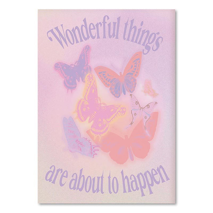 VibeCore Pink Divine Feminine Canvas Poster with the phrase 'Wonderful Things Are About To Happen' in elegant lettering. Featuring soft pink and purple gradients, this uplifting design adds a positive, empowering vibe to your bedroom, dorm, or apartment, creating a serene, motivating atmosphere.