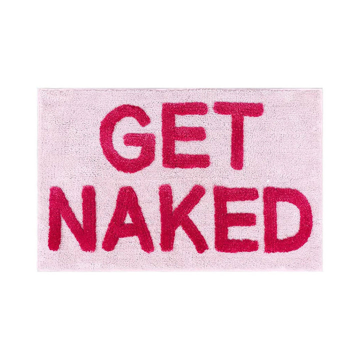 Aesthetic product view of the "Pink Get Naked Bath Mat," showcasing its vibrant pink color and cheeky design. The soft, plush texture is perfect for adding comfort, while the non-slip backing ensures safety and stability, making it a fun and functional addition to your bathroom.
