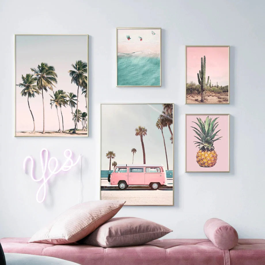 VibeCore Pink Hipster Canvas Prints Framed On Wall Above Couch with Neon Sign