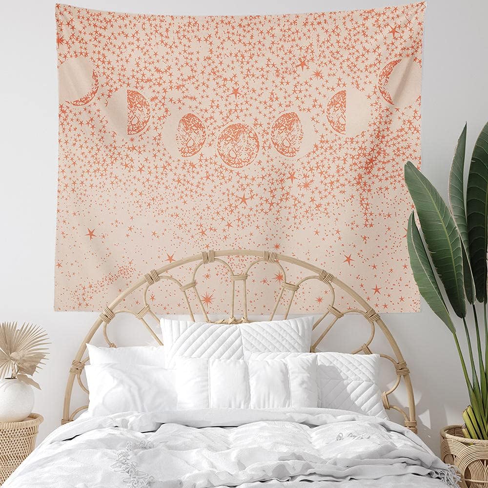 VibeCore Pink Moon Phases Tapestry On Wall Behind Bed