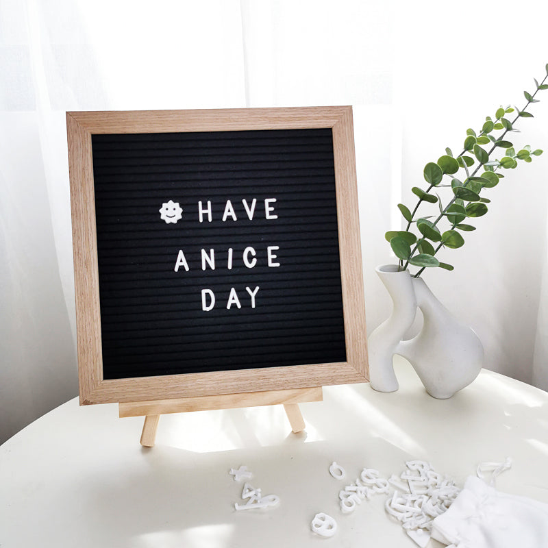 VibeCore Playful Felt Message Board Black with message – premium pine wood message board with black felt displaying a creative message, includes letters, symbols, and easel for stylish decor