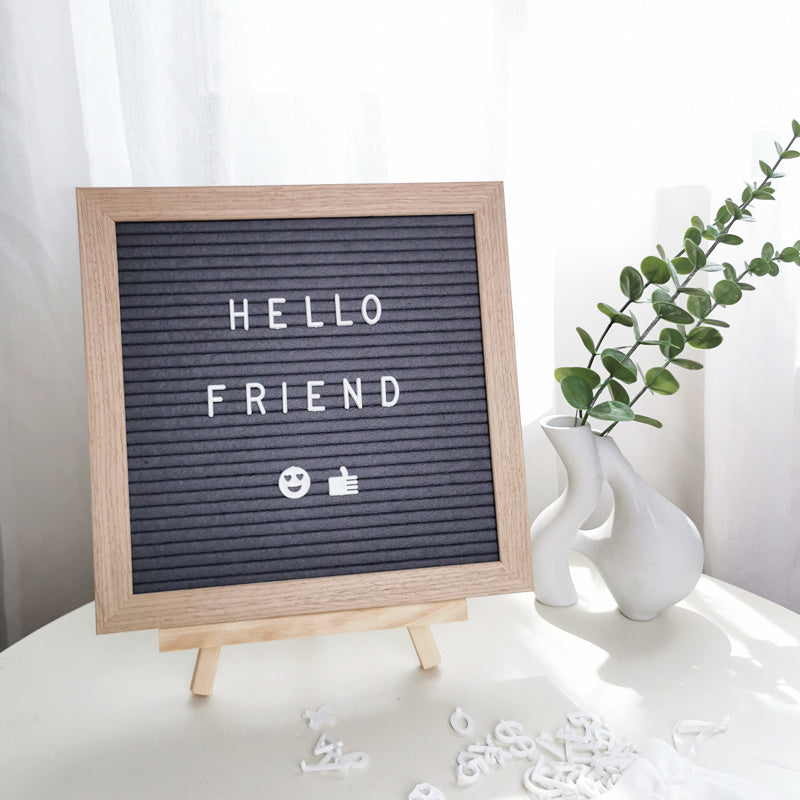 VibeCore Playful Felt Message Board Gray with message – premium pine wood message board with gray felt displaying a creative message, includes letters, symbols, and easel for stylish decor
