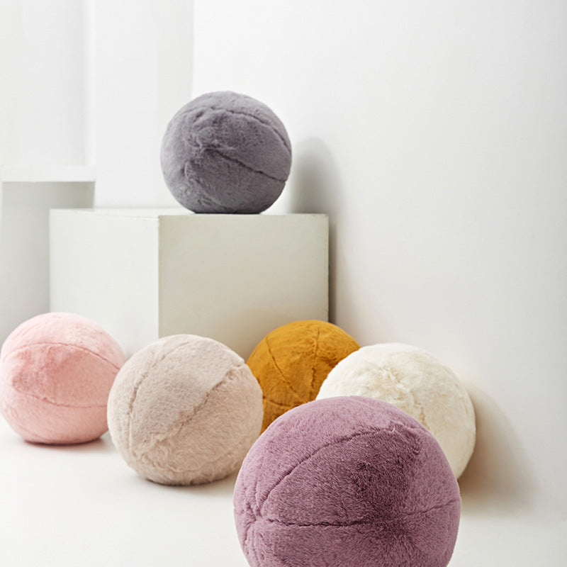 VibeCore Plush Ball Throw Pillow in all colors, including beige, white, gray, lilac, baby pink, and mustard yellow. Ultra-soft, fluffy round pillow for aesthetic, cutecore, and coquette room decor. Perfect for beds, couches, and dorm rooms.