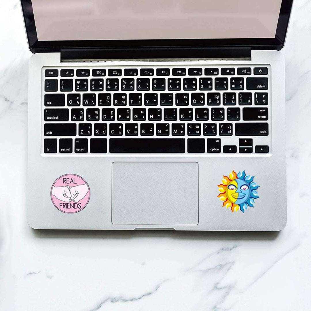 VibeCore Pop Cartoon Stickers on a laptop, featuring colorful, playful cartoon designs. These vibrant stickers personalize your laptop, adding a fun, expressive touch to your device.