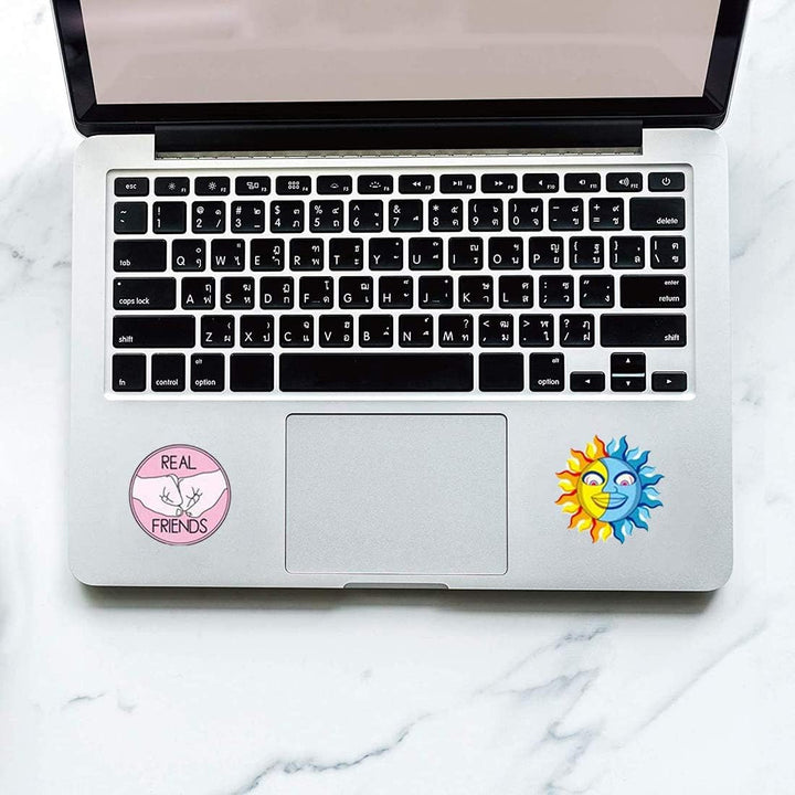VibeCore Pop Cartoon Stickers on a laptop, featuring colorful, playful cartoon designs. These vibrant stickers personalize your laptop, adding a fun, expressive touch to your device.