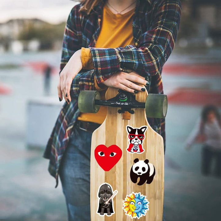 VibeCore Pop Cartoon Stickers on a skateboard, featuring vibrant and playful cartoon character designs. Add a fun, colorful touch to your skateboard with bold, pop art-inspired stickers that express your personality and style. Perfect for customizing your gear with trendy, high-quality stickers.