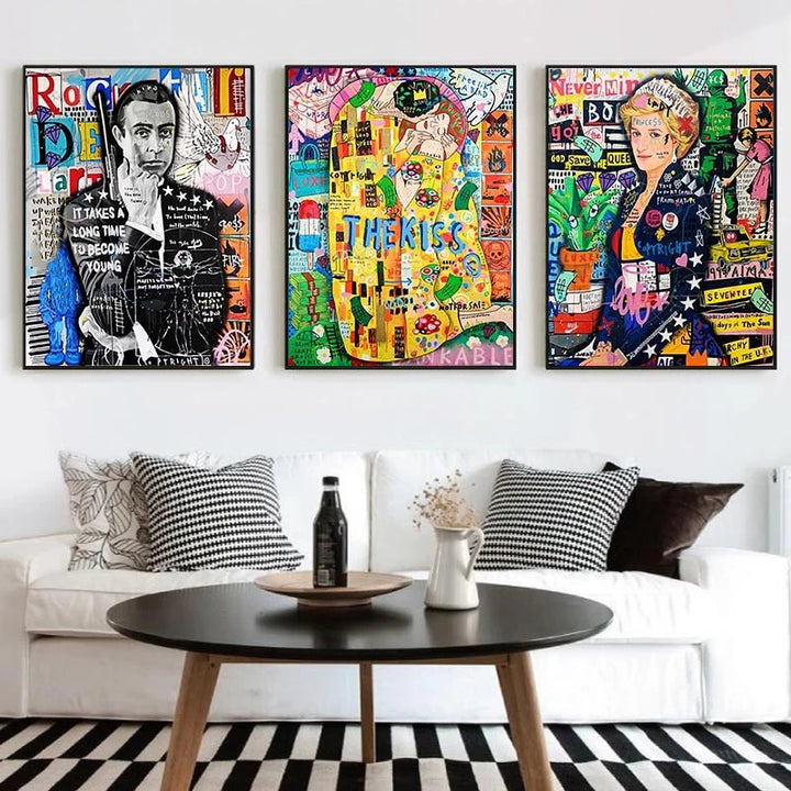 VibeCore Pop Graffiti Canvas Prints On Wall Above Couch.