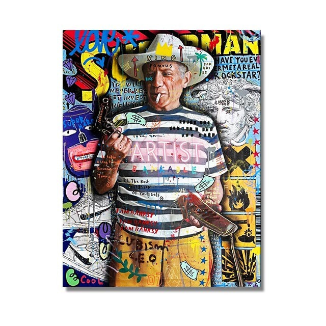 VibeCore Pop Graffiti Canvas Prints Option D: Old man holding a gun smoking a cigarette