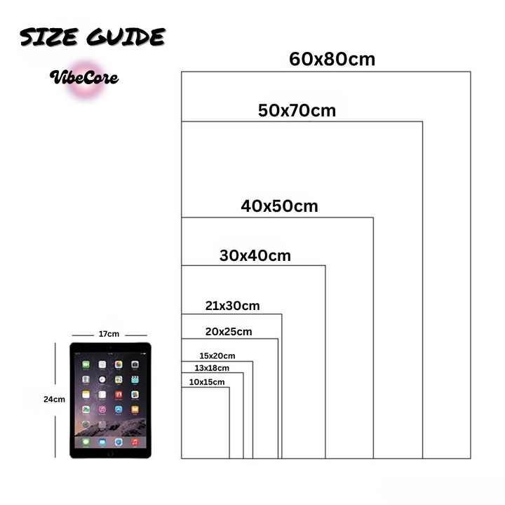 VibeCore Poster Size Guide featuring various dimensions to suit your space. Available in a range of sizes to fit perfectly above your bed, on your dorm wall, or as part of your gallery wall. Choose the ideal size for your aesthetic room decor, from smaller prints for intimate vibes to larger statement pieces for bold impact.