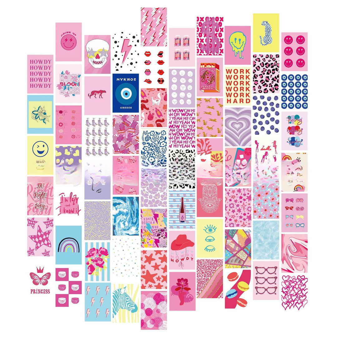 VibeCore Preppy Indie Wall Collage Kit featuring 70 unique prints with girly pink, artsy, and preppy designs, perfect for dorm room decor, bedroom wall art, and pink photo collages.