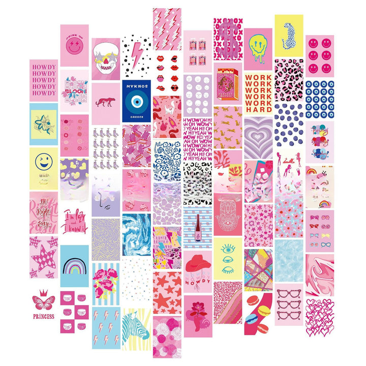 VibeCore Preppy Indie Wall Collage Kit featuring 70 unique prints with girly pink, artsy, and preppy designs, perfect for dorm room decor, bedroom wall art, and pink photo collages.