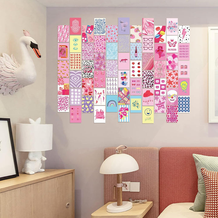 VibeCore Preppy Indie Wall Collage Kit above bed, featuring a mix of 70 girly and indie prints to create a playful and stylish wall art display.