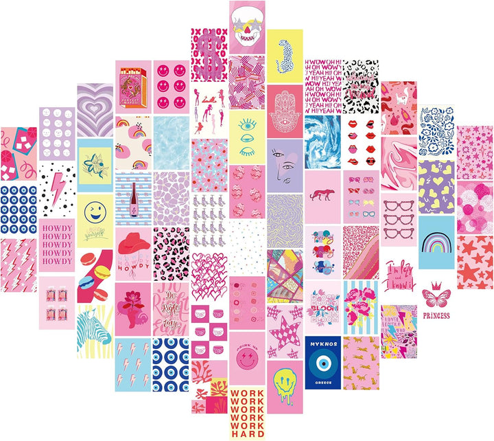 VibeCore Preppy Indie Wall Collage Kit featuring half the posters in a playful and eclectic arrangement of girly and indie prints for a personalized wall art display.