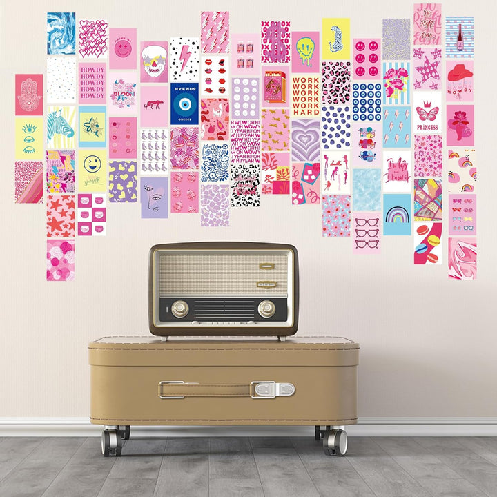 VibeCore Preppy Indie Wall Collage Kit on wall, showcasing 70 unique prints blending pink, girly, and indie styles for a personalized and chic wall art display.