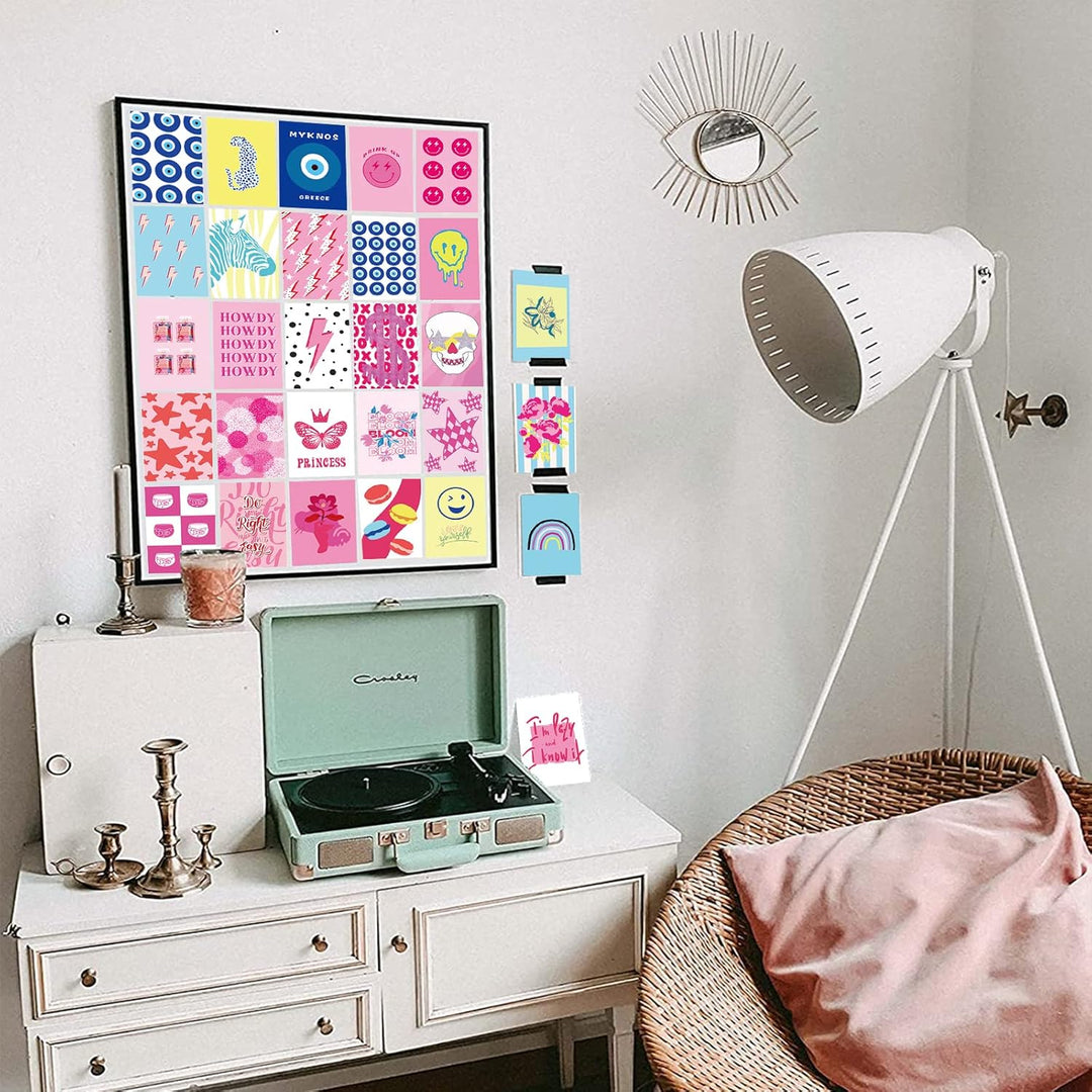 VibeCore Preppy Indie Wall Collage Kit in bedroom, featuring 70 eclectic pink, girly, and artsy prints for a chic, personalized wall art display.
