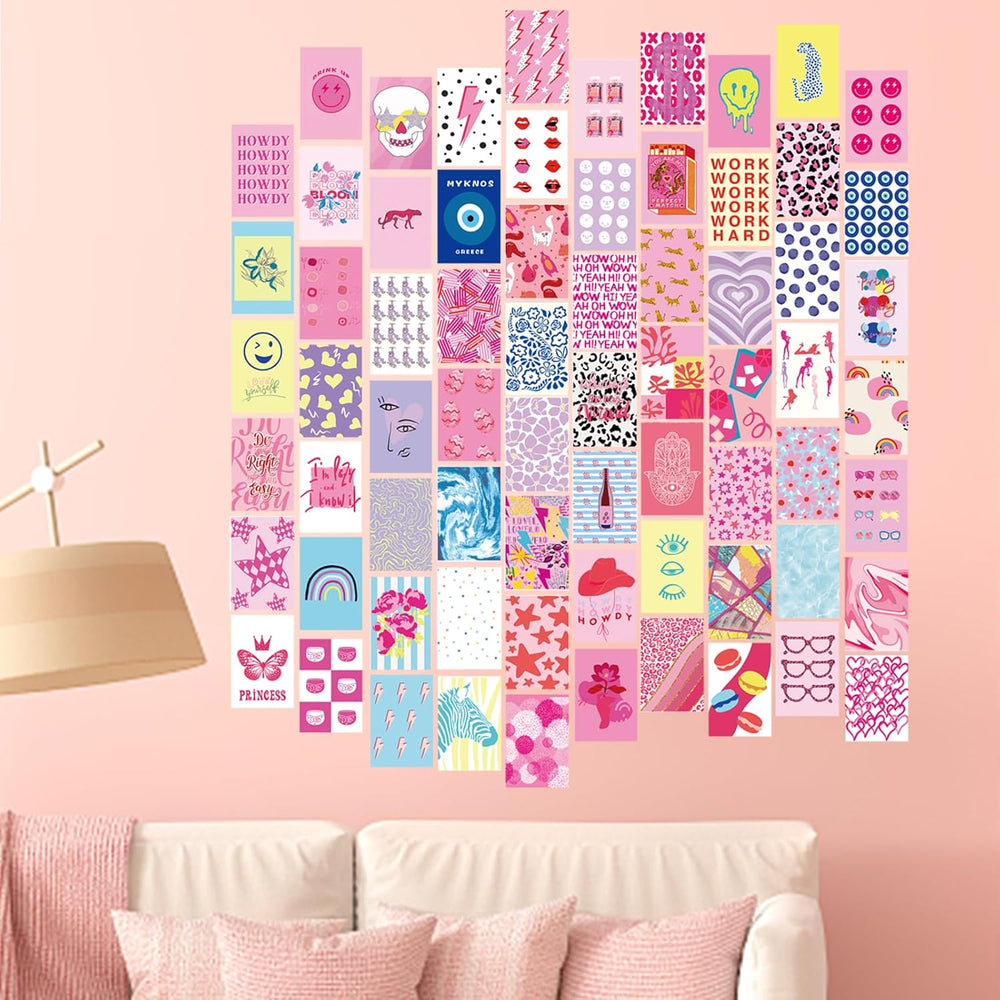 VibeCore Preppy Indie Wall Collage Kit displayed on wall featuring 70 unique girly pink, artsy, and preppy prints, perfect for dorm room decor and bedroom wall art.