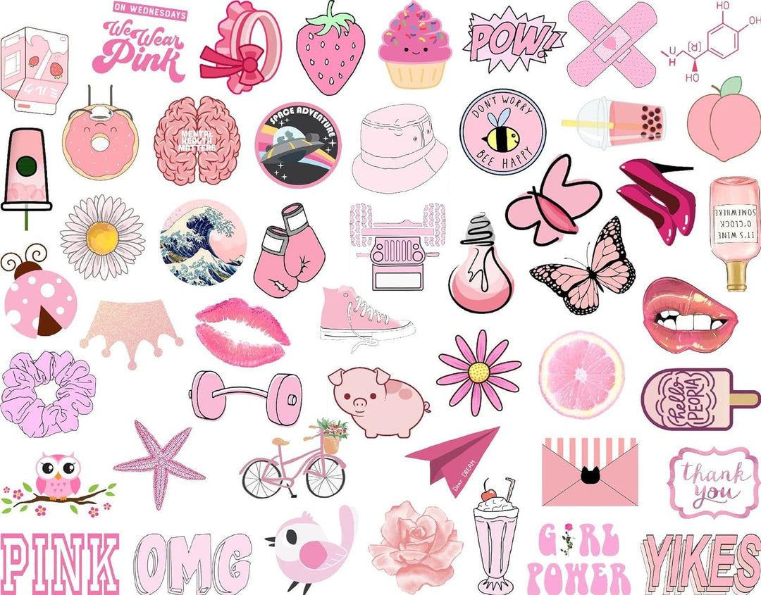 VibeCore Preppy Pink Stickers collection featuring chic, cute pink designs, preppy aesthetic stickers, and pastel pink decals to personalize your laptop, phone, or accessories.