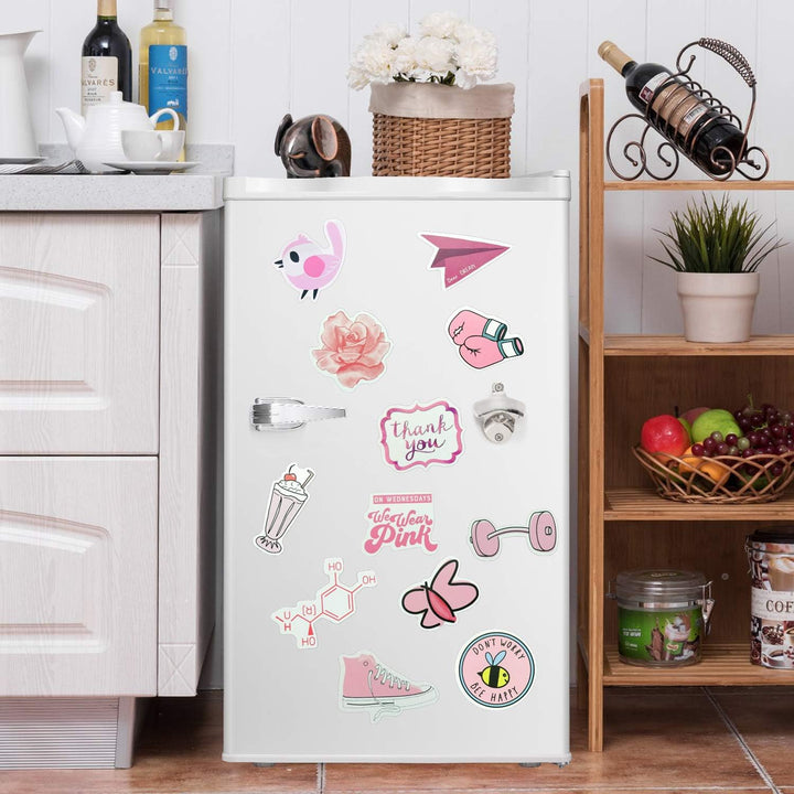 VibeCore Preppy Pink Stickers on a mini fridge, featuring chic pink decals and preppy designs, perfect for personalizing your space with a stylish and playful touch.