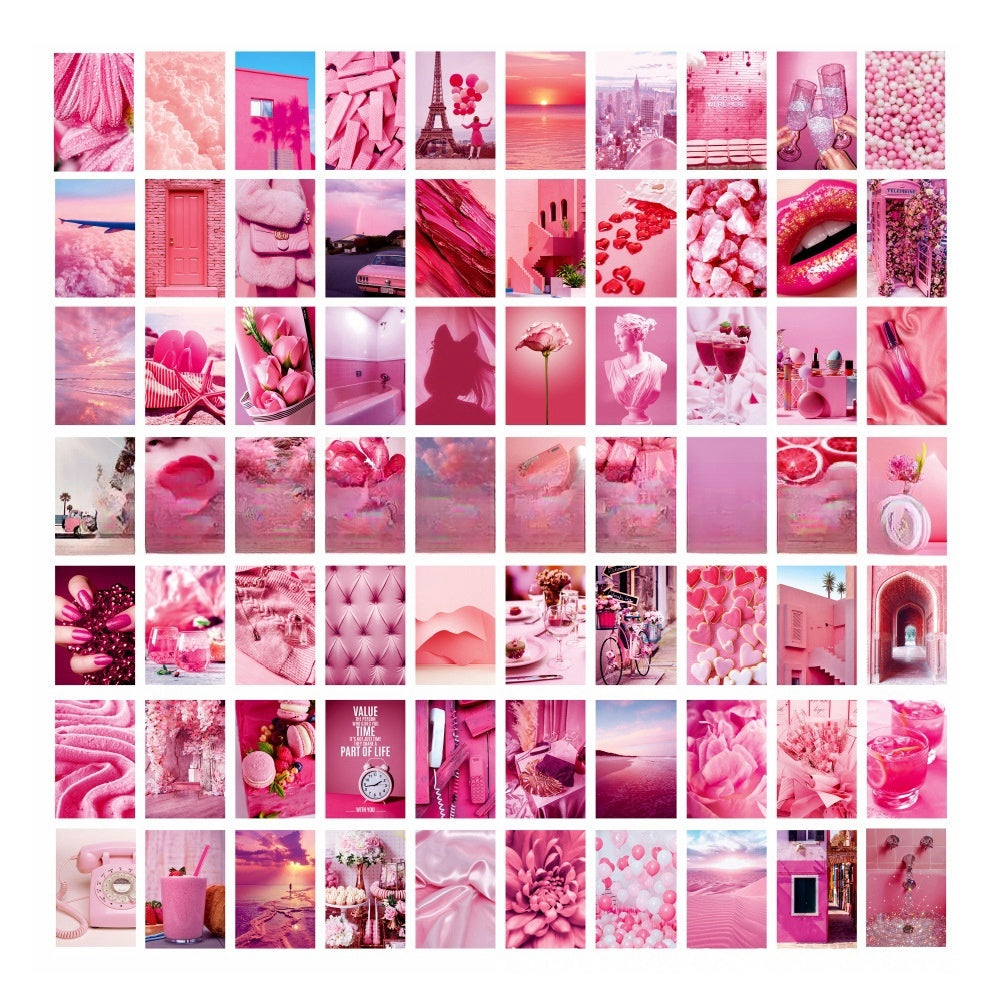 VibeCore Preppy Pink Wall Collage Kit featuring 70 girly pink prints with playful designs like lips, flowers, and more. Perfect for teen room, dorm room, preppy decor, soft girl, aesthetic wall decor, girly, and chic pink decor.