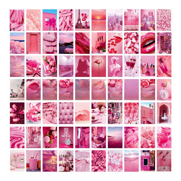 VibeCore Preppy Pink Wall Collage Kit featuring 70 girly pink prints with playful designs like lips, flowers, and more. Perfect for teen room, dorm room, preppy decor, soft girl, aesthetic wall decor, girly, and chic pink decor.